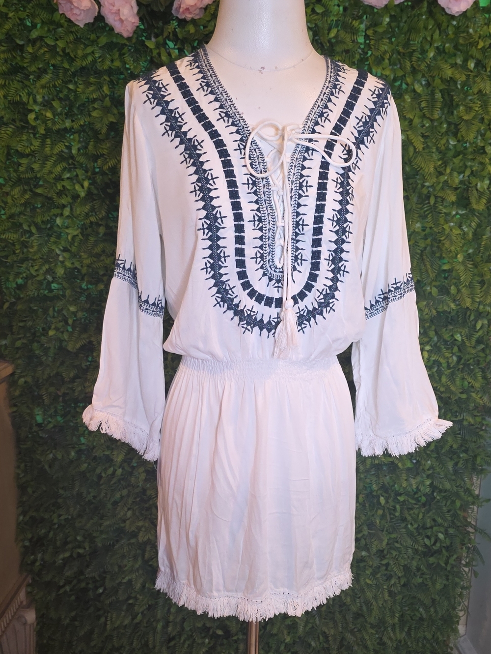 Raviya White Mini Dress with Navy Embroidery